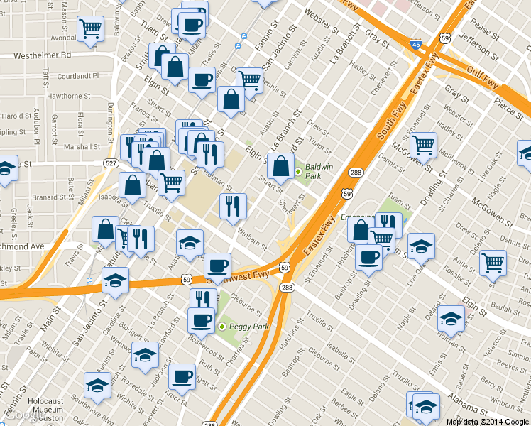 map of restaurants, bars, coffee shops, grocery stores, and more near 3507 Jackson Street in Houston