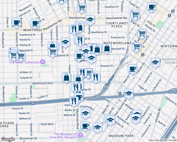 map of restaurants, bars, coffee shops, grocery stores, and more near 815 West Main Street in Houston