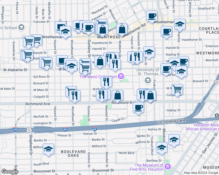 map of restaurants, bars, coffee shops, grocery stores, and more near 1517 West Main Street in Houston