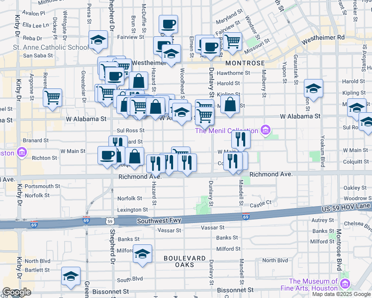 map of restaurants, bars, coffee shops, grocery stores, and more near 1800 West Main Street in Houston