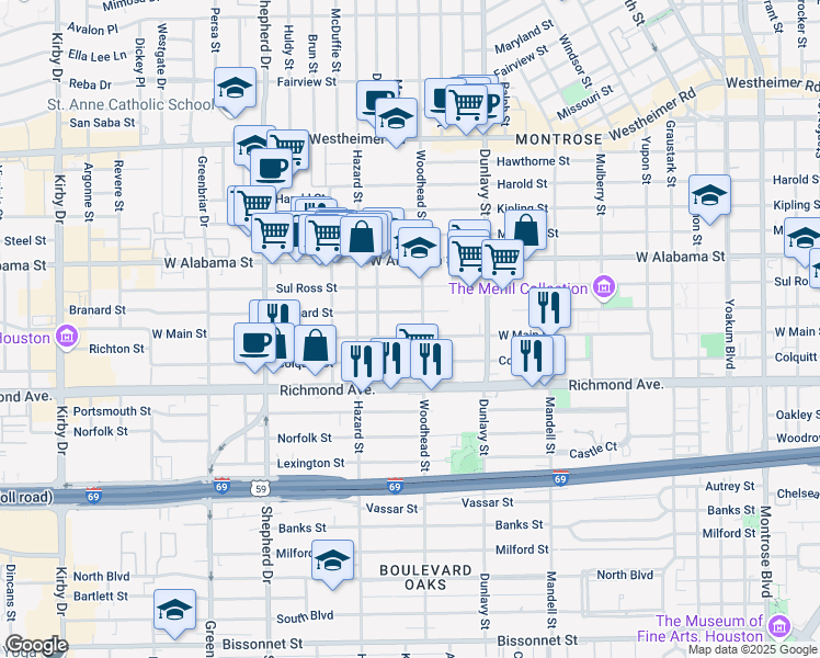 map of restaurants, bars, coffee shops, grocery stores, and more near 1800 West Main Street in Houston