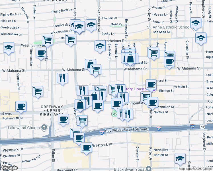 map of restaurants, bars, coffee shops, grocery stores, and more near 3270 West Main Street in Houston