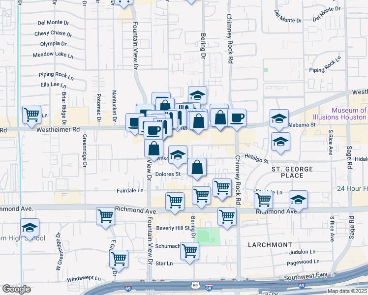map of restaurants, bars, coffee shops, grocery stores, and more near 2815 Val Verde Court in Houston