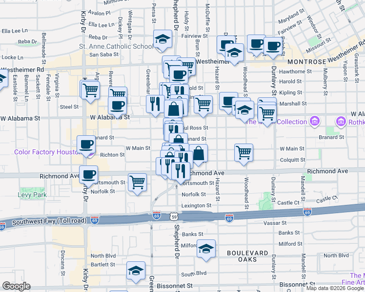 map of restaurants, bars, coffee shops, grocery stores, and more near 3311 South Shepherd Drive in Houston