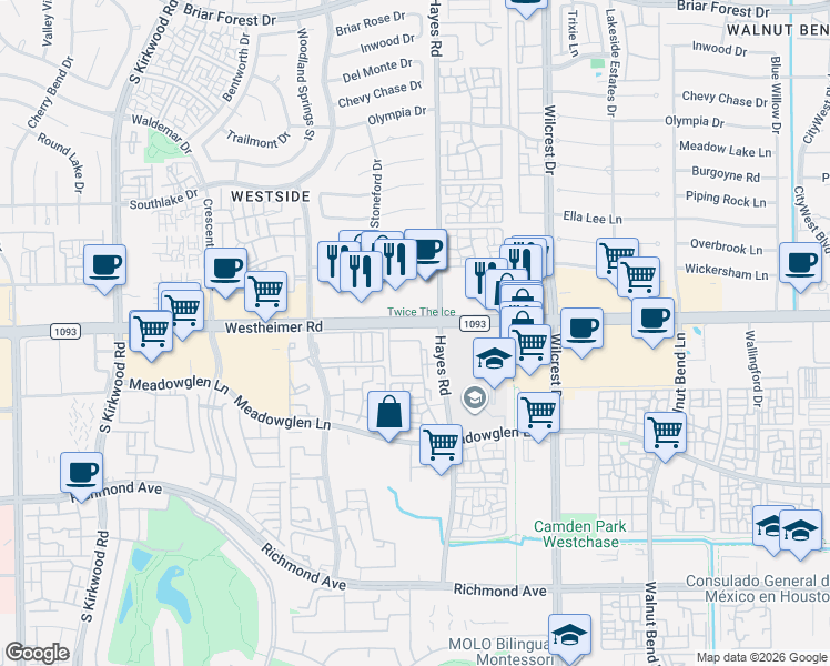 map of restaurants, bars, coffee shops, grocery stores, and more near 11335 Westheimer Road in Houston