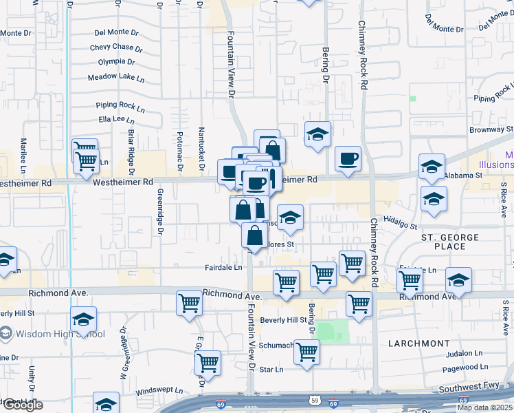 map of restaurants, bars, coffee shops, grocery stores, and more near 2711 Fountain View Drive in Houston
