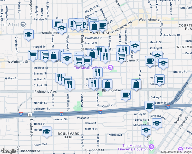 map of restaurants, bars, coffee shops, grocery stores, and more near 1612 West Main Street in Houston