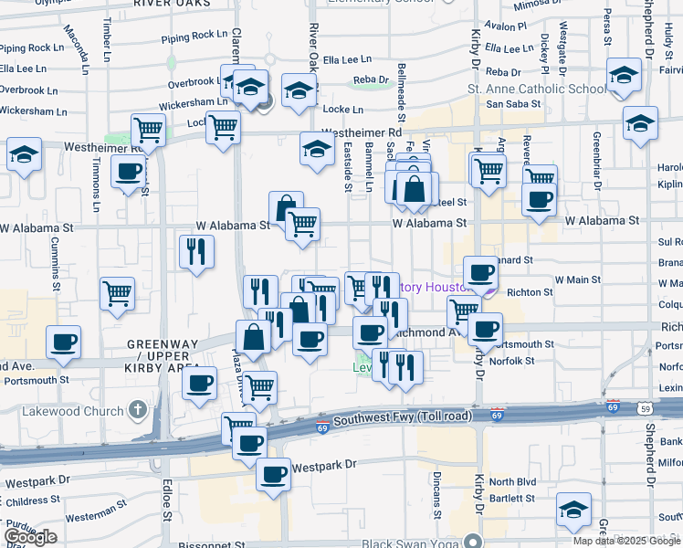 map of restaurants, bars, coffee shops, grocery stores, and more near 3310 Eastside Street in Houston