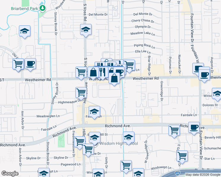 map of restaurants, bars, coffee shops, grocery stores, and more near 6425 Westheimer Road in Houston