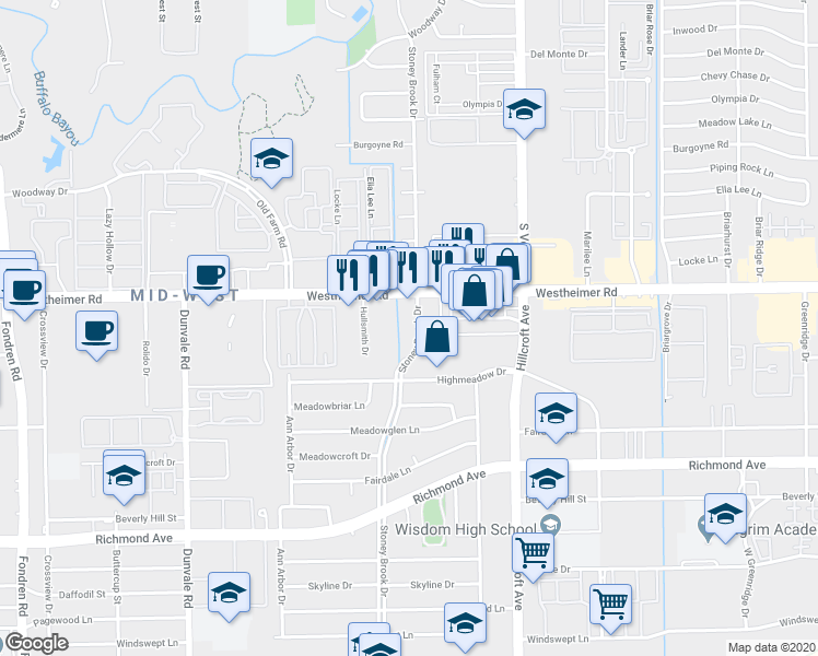map of restaurants, bars, coffee shops, grocery stores, and more near 2808 Stoney Brook Drive in Houston