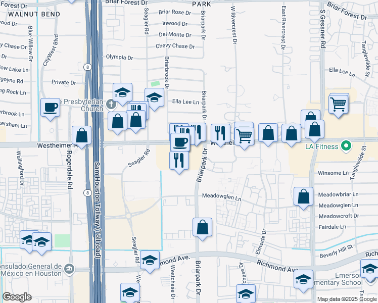 map of restaurants, bars, coffee shops, grocery stores, and more near 10001 Westheimer Road in Houston