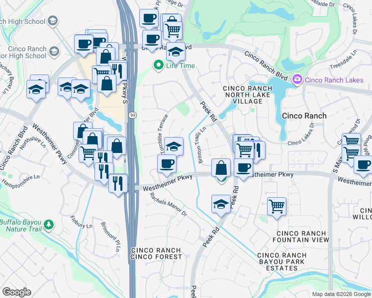 map of restaurants, bars, coffee shops, grocery stores, and more near 3406 Brinton Trails Lane in Katy