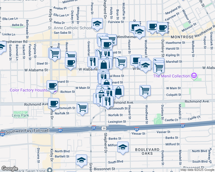 map of restaurants, bars, coffee shops, grocery stores, and more near 3311 South Shepherd Drive in Houston