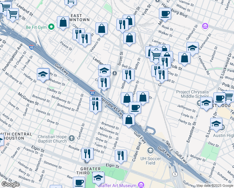map of restaurants, bars, coffee shops, grocery stores, and more near 1909 Edmundson Street in Houston