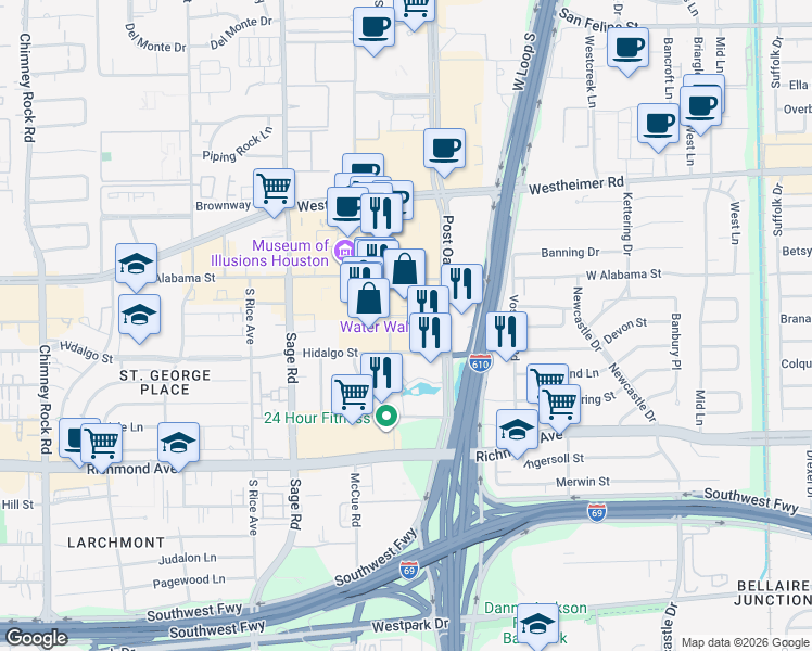 map of restaurants, bars, coffee shops, grocery stores, and more near 2801 Waterwall Drive in Houston