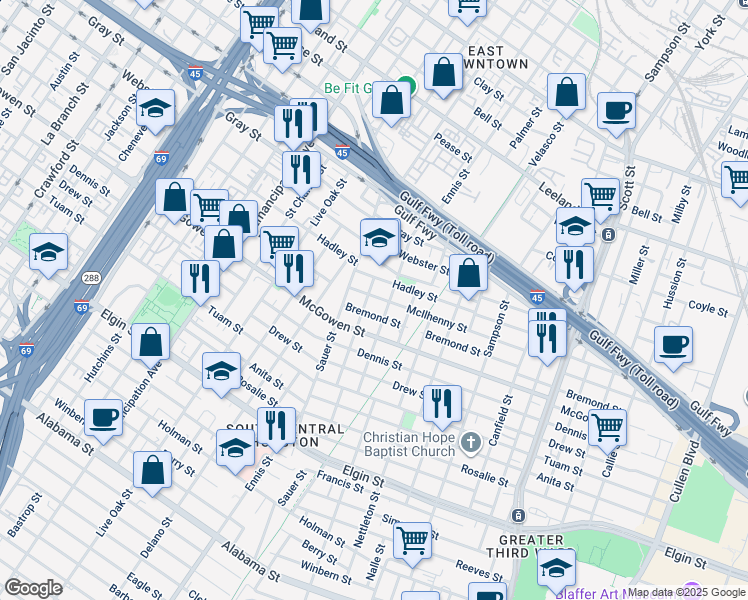 map of restaurants, bars, coffee shops, grocery stores, and more near 2409 Brailsfort Street in Houston