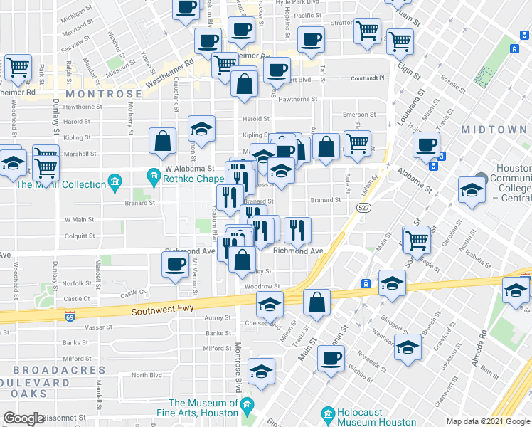 map of restaurants, bars, coffee shops, grocery stores, and more near 815 West Main Street in Houston