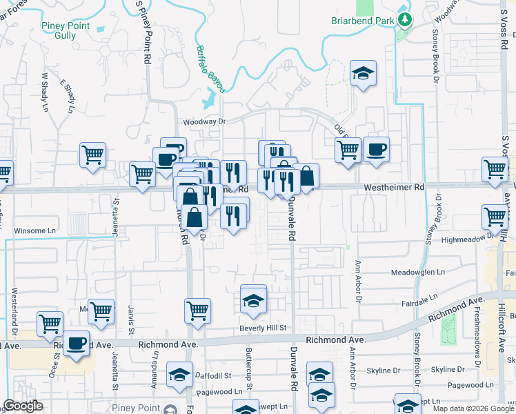 map of restaurants, bars, coffee shops, grocery stores, and more near 8607 Westheimer Road in Houston