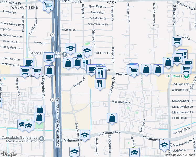 map of restaurants, bars, coffee shops, grocery stores, and more near 10100 Westheimer Road in Houston