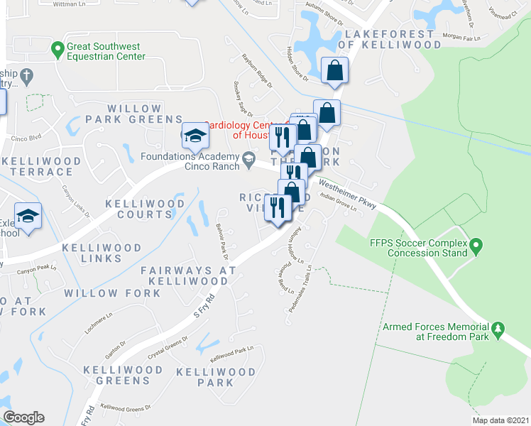 map of restaurants, bars, coffee shops, grocery stores, and more near 3306 South Fry Road in Katy