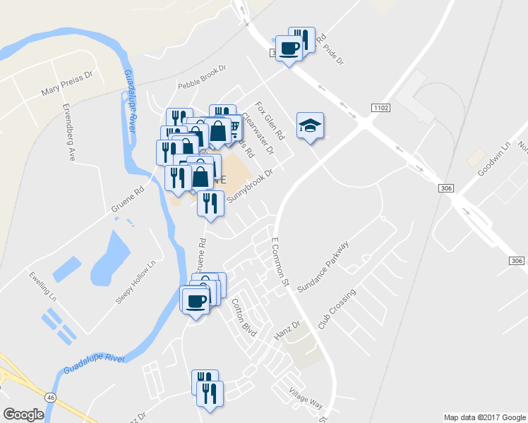 map of restaurants, bars, coffee shops, grocery stores, and more near 1209 Gruene Estates in New Braunfels