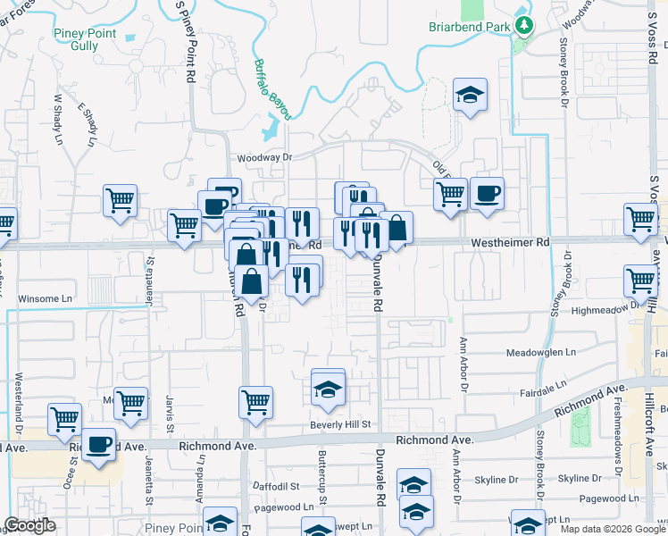 map of restaurants, bars, coffee shops, grocery stores, and more near 8607 Westheimer Road in Houston