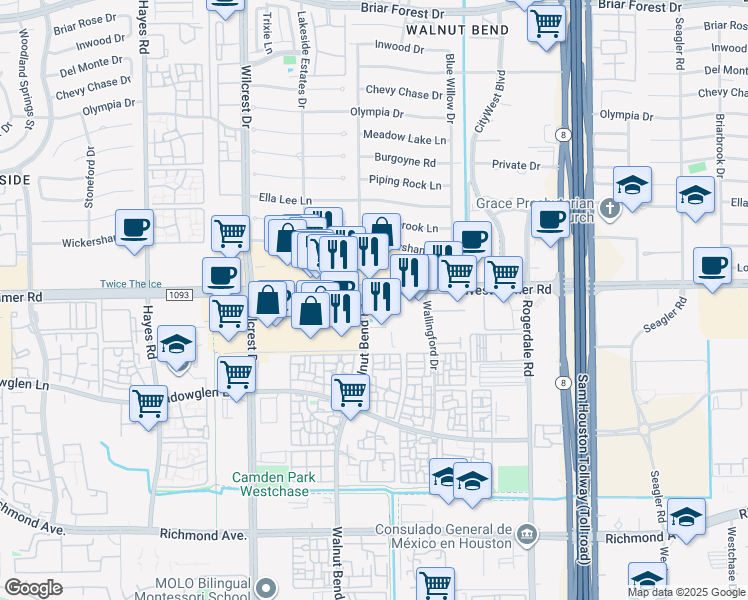 map of restaurants, bars, coffee shops, grocery stores, and more near 10777 Westheimer Road in Houston