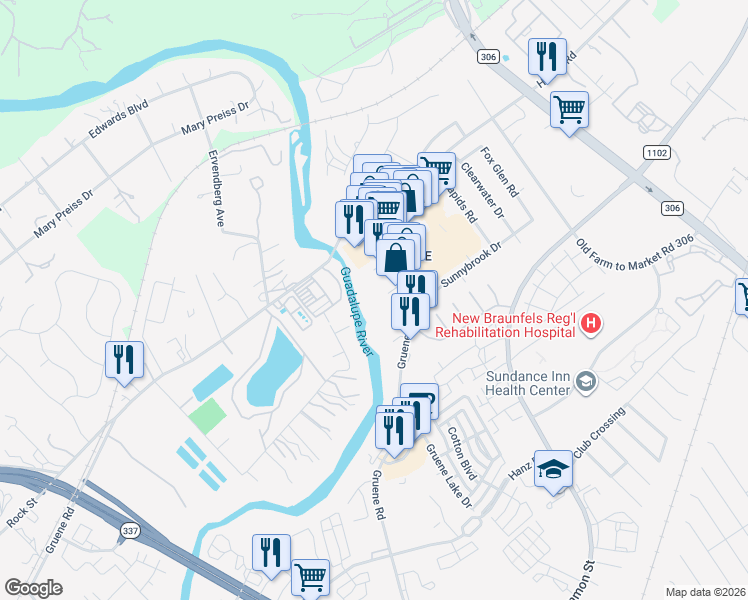 map of restaurants, bars, coffee shops, grocery stores, and more near 1247 Gruene Road in New Braunfels