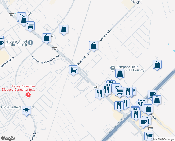 map of restaurants, bars, coffee shops, grocery stores, and more near 516 Farm to Market Road 306 in New Braunfels