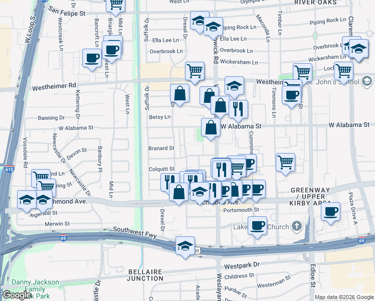 map of restaurants, bars, coffee shops, grocery stores, and more near 3302 La Salle Street in Houston