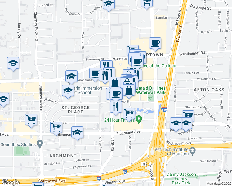 map of restaurants, bars, coffee shops, grocery stores, and more near 2911 Sage Road in Houston