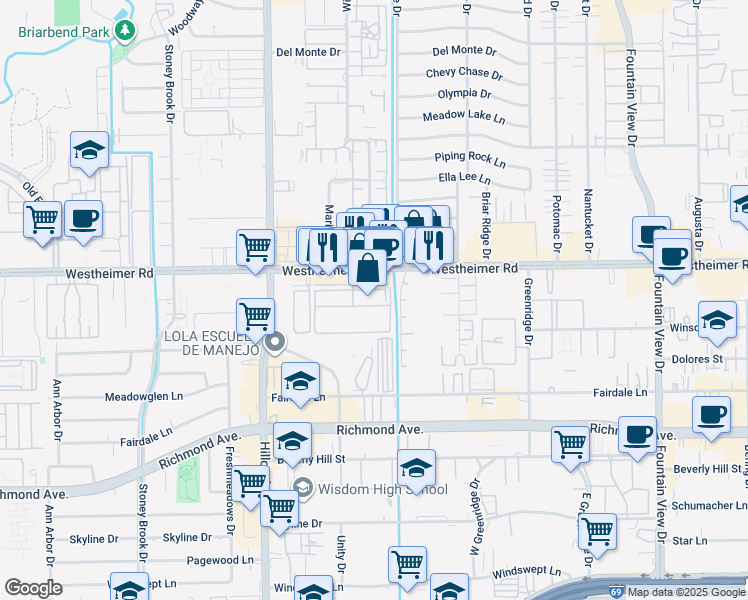 map of restaurants, bars, coffee shops, grocery stores, and more near 6425 Westheimer Road in Houston