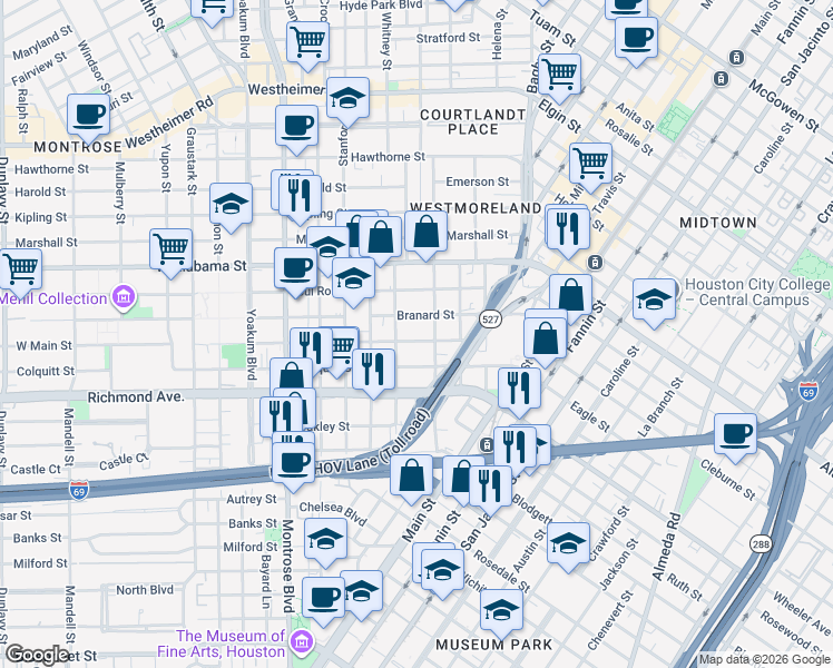 map of restaurants, bars, coffee shops, grocery stores, and more near 515 West Main Street in Houston