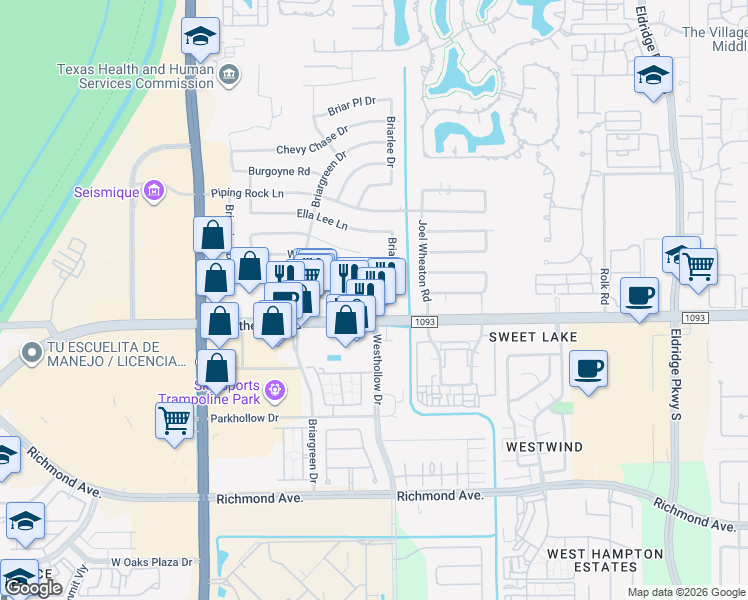map of restaurants, bars, coffee shops, grocery stores, and more near 13923 Locke Lane in Houston