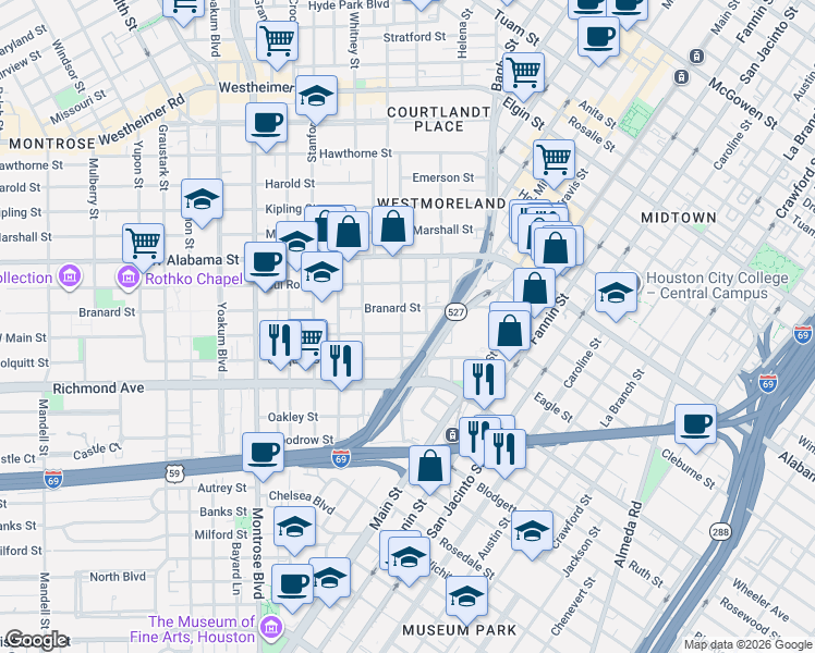 map of restaurants, bars, coffee shops, grocery stores, and more near 417 Colquitt Street in Houston