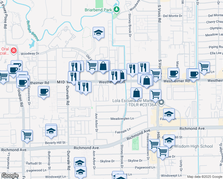 map of restaurants, bars, coffee shops, grocery stores, and more near 7939 Westheimer Road in Houston