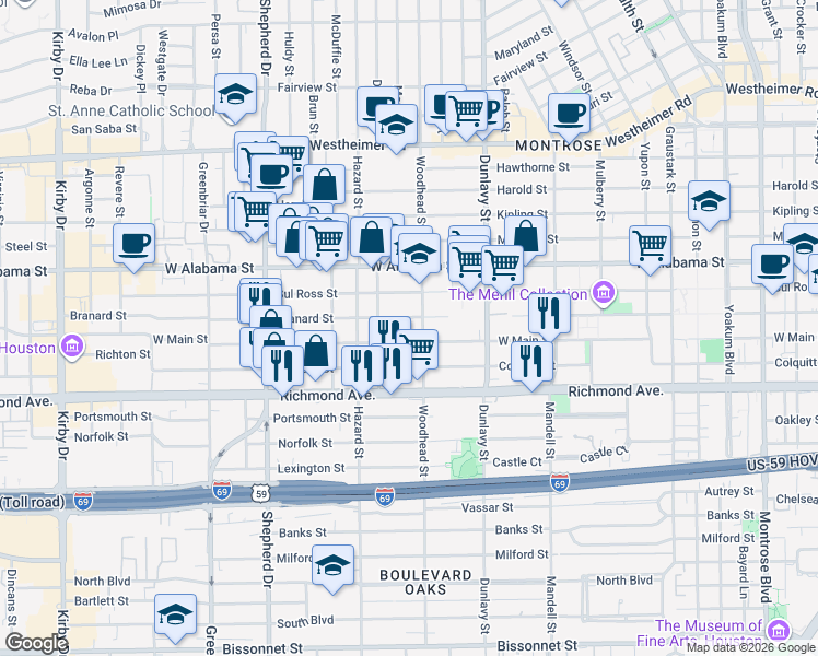 map of restaurants, bars, coffee shops, grocery stores, and more near 1811 Branard Street in Houston