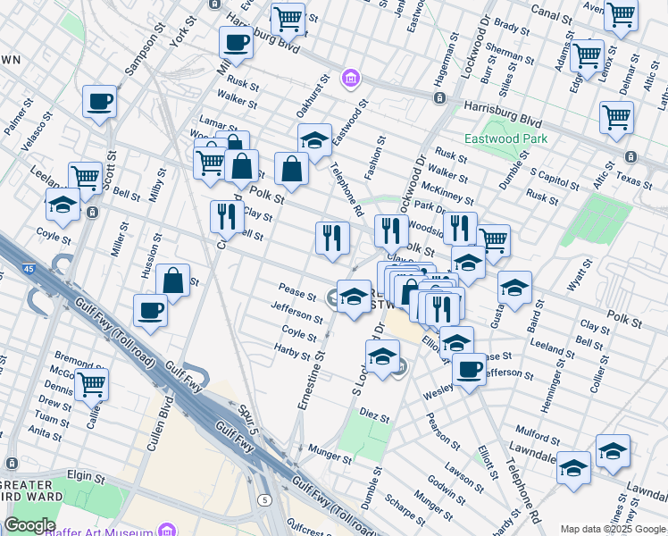 map of restaurants, bars, coffee shops, grocery stores, and more near in Houston