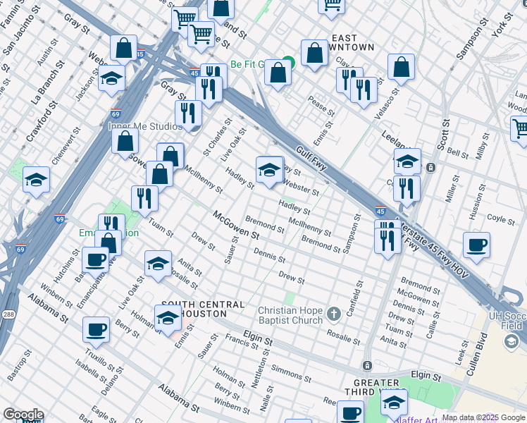 map of restaurants, bars, coffee shops, grocery stores, and more near 2409 Brailsfort Street in Houston