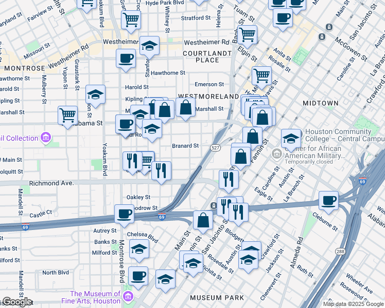 map of restaurants, bars, coffee shops, grocery stores, and more near 417 Colquitt Street in Houston