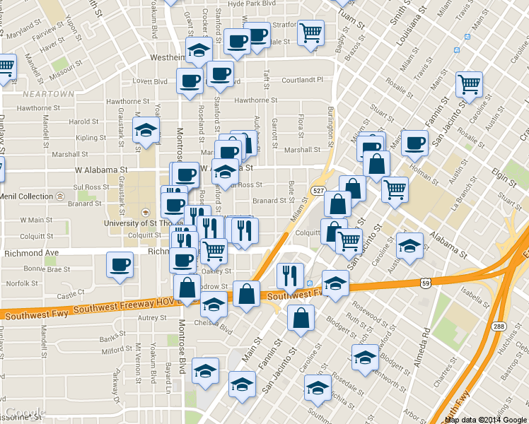 map of restaurants, bars, coffee shops, grocery stores, and more near 515 West Main Street in Houston