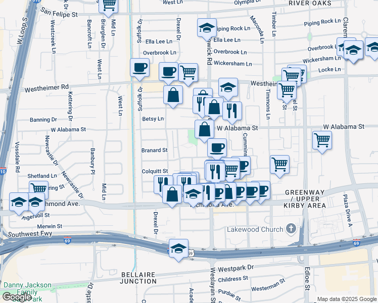 map of restaurants, bars, coffee shops, grocery stores, and more near 3302 La Salle Street in Houston