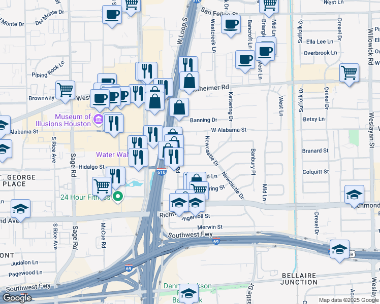 map of restaurants, bars, coffee shops, grocery stores, and more near 4733 Aftonshire Drive in Houston