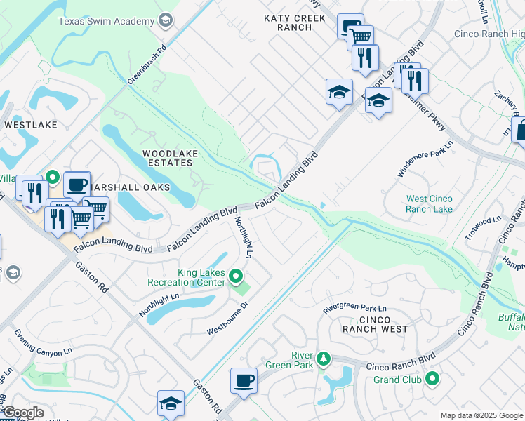 map of restaurants, bars, coffee shops, grocery stores, and more near 25322 Alverstone Drive in Katy