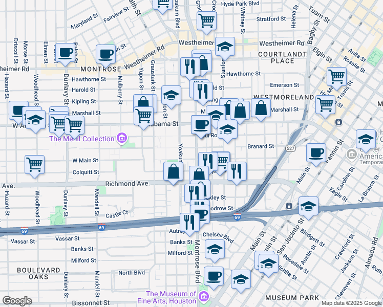 map of restaurants, bars, coffee shops, grocery stores, and more near 4004 Montrose Boulevard in Houston