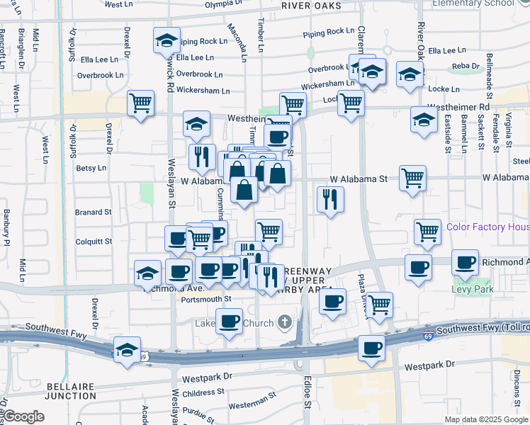 map of restaurants, bars, coffee shops, grocery stores, and more near 3131 Timmons Lane in Houston