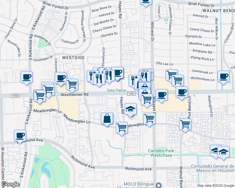 map of restaurants, bars, coffee shops, grocery stores, and more near 11401 Westheimer Rd in Houston