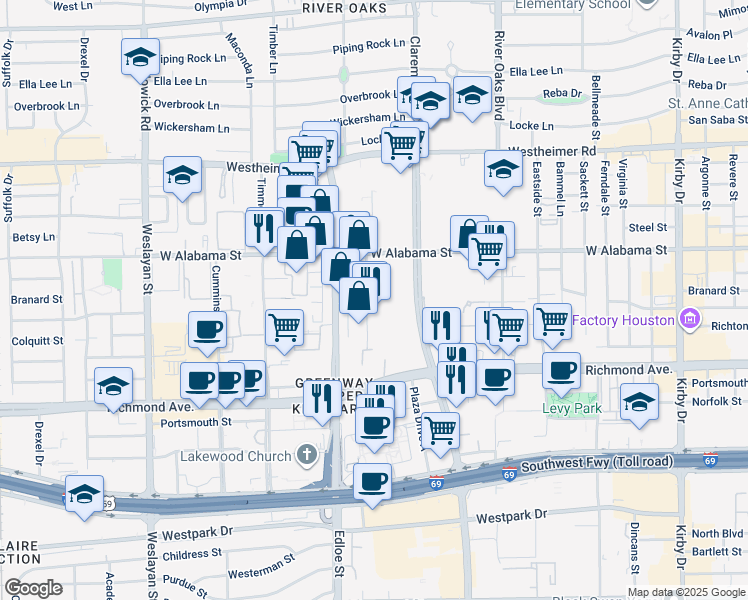 map of restaurants, bars, coffee shops, grocery stores, and more near 3315 Mercer Street in Houston