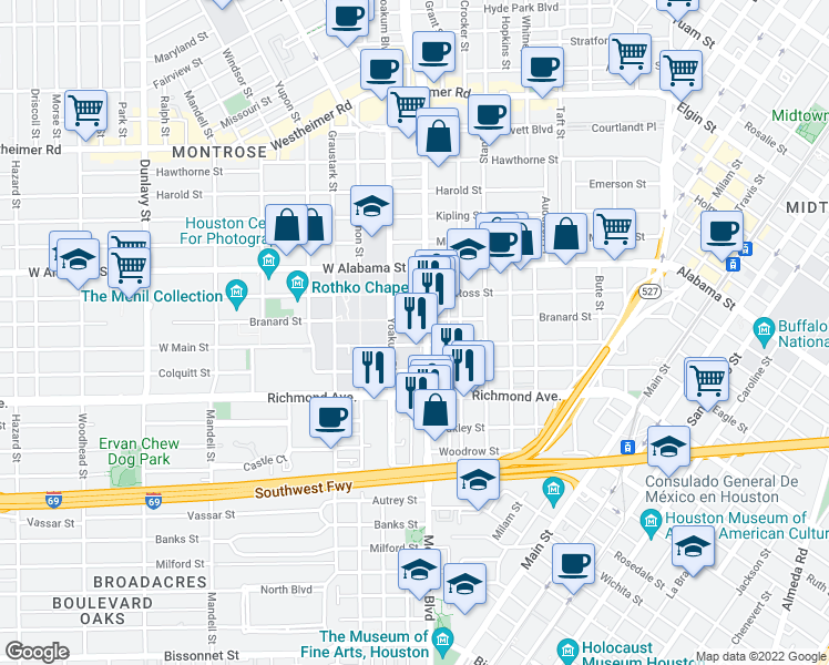 map of restaurants, bars, coffee shops, grocery stores, and more near 4101 Montrose Boulevard in Houston