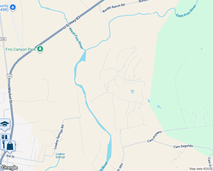 map of restaurants, bars, coffee shops, grocery stores, and more near Bud Danner Drive in Leakey